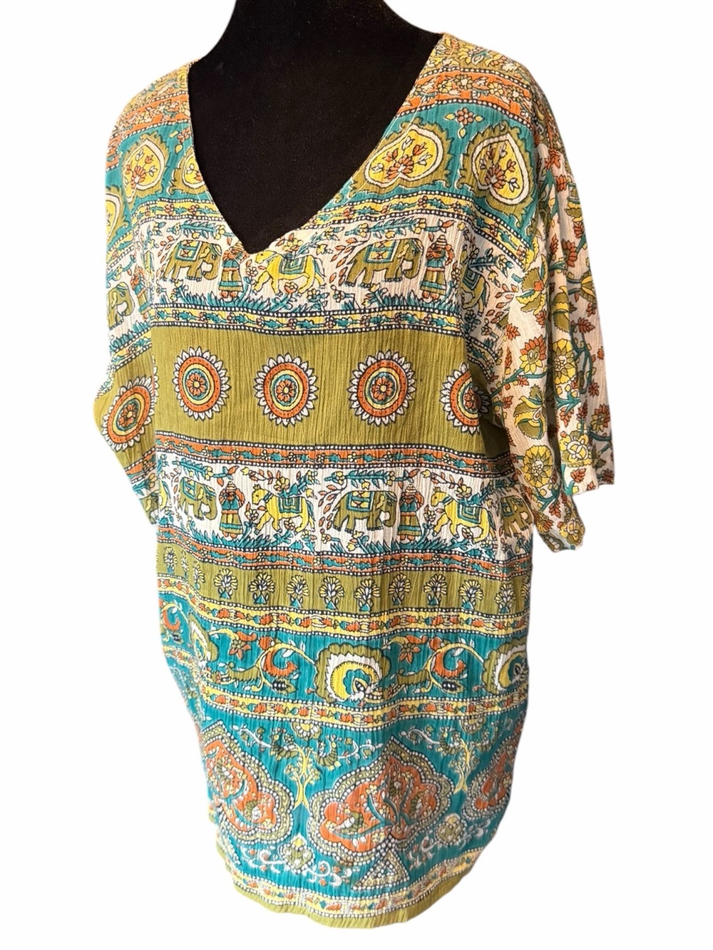 Lotus Blouse 1X Green Orange Elephant Print Cotton Top